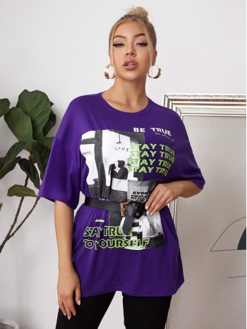 Slogan and Figure Graphic Longline Oversized Tee Without Bag