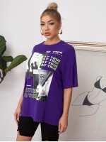 Slogan and Figure Graphic Longline Oversized Tee Without Bag