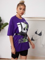 Slogan and Figure Graphic Longline Oversized Tee Without Bag