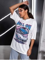 Drop Shoulder Letter & Car Print Longline Tee