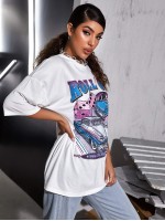 Drop Shoulder Letter & Car Print Longline Tee