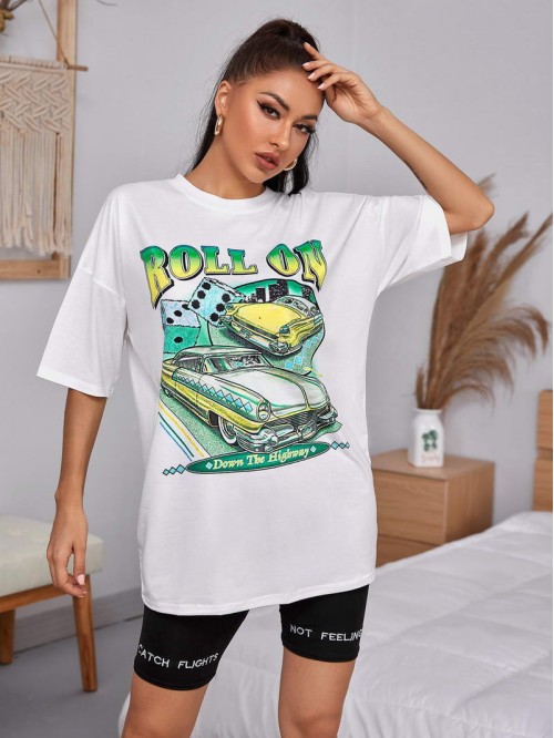 Drop Shoulder Slogan & Car Print Tee