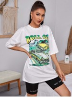 Drop Shoulder Slogan & Car Print Tee