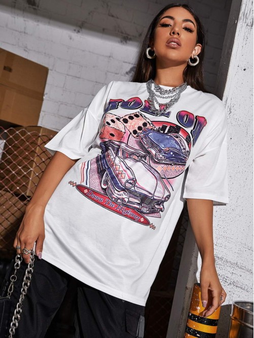 Drop Shoulder Slogan & Car Print Tee