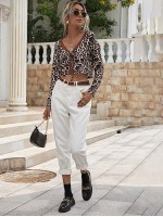 Leopard Lace Insert Tie Front Top