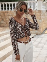 Leopard Lace Insert Tie Front Top