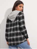 Contrast Drawstring Hooded Button Placket Plaid Blouse