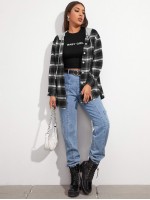 Contrast Drawstring Hooded Button Placket Plaid Blouse