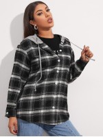 Contrast Drawstring Hooded Button Placket Plaid Blouse