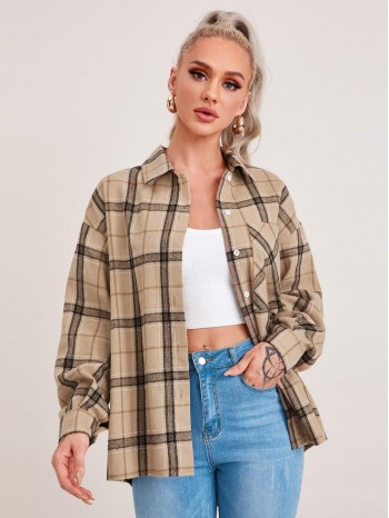 Drop Shoulder Pocket Front Plaid Blouse