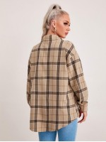 Drop Shoulder Pocket Front Plaid Blouse