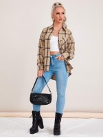 Drop Shoulder Pocket Front Plaid Blouse