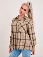 Drop Shoulder Pocket Front Plaid Blouse