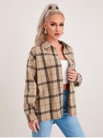 Drop Shoulder Pocket Front Plaid Blouse