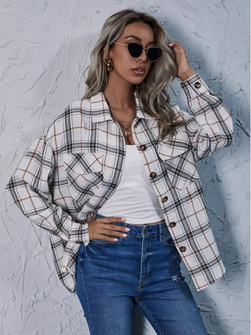 Drop Shoulder Plaid Blouse