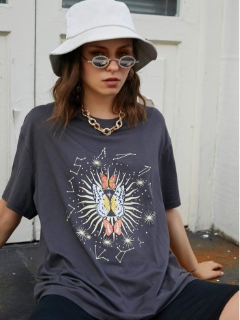 Butterfly And Constellation Print Oversized Tee