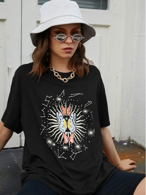 Butterfly & Galaxy Print Oversized Tee