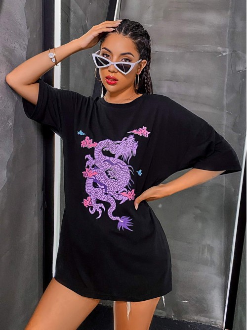 Chinese Dragon Print Drop Shoulder Oversized Tee