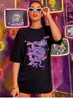 Chinese Dragon Print Drop Shoulder Oversized Tee