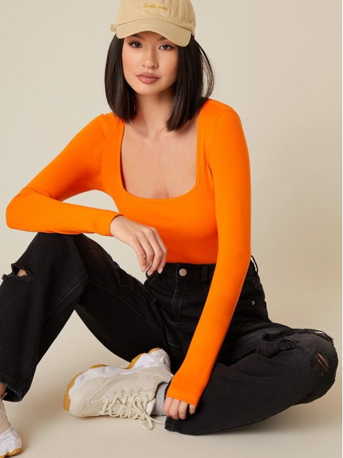 Neon Orange Square Neck Form Fitted Tee