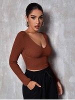 V Neck Solid Fitted Crop Tee