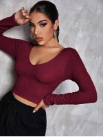 V Neck Solid Fitted Crop Tee