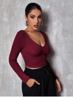 V Neck Solid Fitted Crop Tee