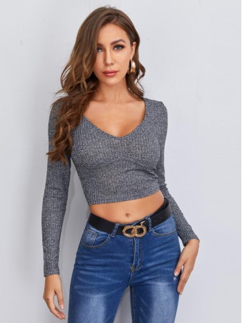 V Neck Solid Fitted Crop Tee