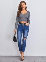 V Neck Solid Fitted Crop Tee