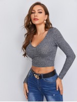 V Neck Solid Fitted Crop Tee