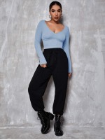 V Neck Solid Fitted Crop Tee