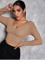 V Neck Solid Fitted Crop Tee