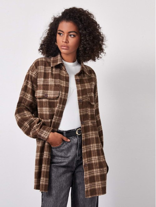 Drop Shoulder Buttoned Plaid Longline Blouse