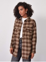 Drop Shoulder Buttoned Plaid Longline Blouse