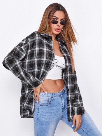 Drop Shoulder Plaid Blouse