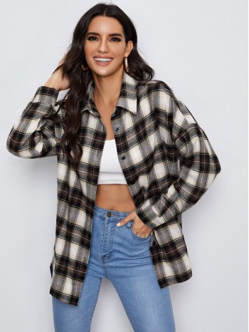 Drop Shoulder Plaid Blouse