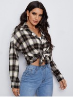 Drop Shoulder Plaid Blouse