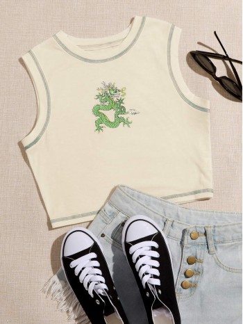 Dragon Print Topstitching Tank Top