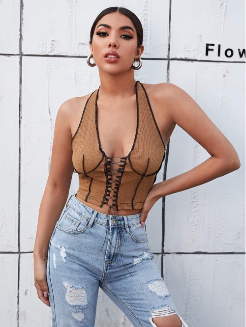 Lace Up Seam Front Halter Top