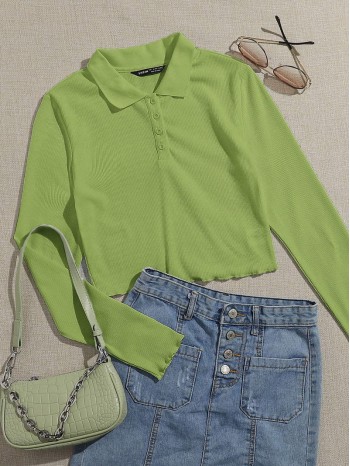 Lettuce Trim Rib-knit Polo Top