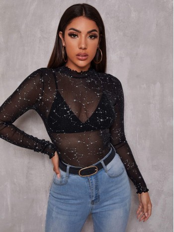 Lettuce Edge Glitter Mesh Top Without Bra