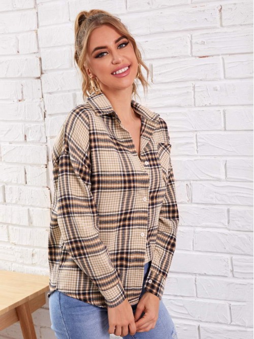 Drop Shoulder Tartan Print Blouse