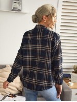 Drop Shoulder Tartan Print Blouse