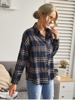 Drop Shoulder Tartan Print Blouse