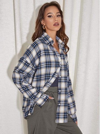 Drop Shoulder Tartan Blouse