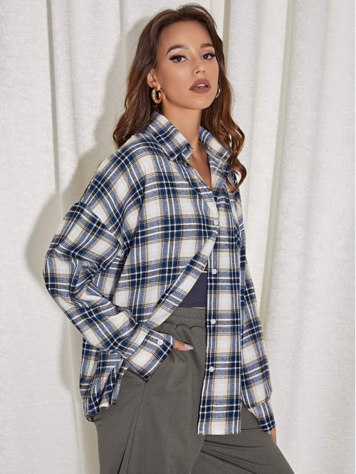 Drop Shoulder Tartan Blouse