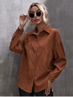 Corduroy Curved Hem Drop Shoulder Blouse