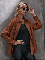 Corduroy Curved Hem Drop Shoulder Blouse