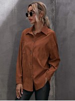 Corduroy Curved Hem Drop Shoulder Blouse