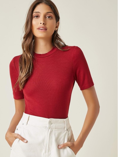 Mock Neck Solid Rib-knit Tee